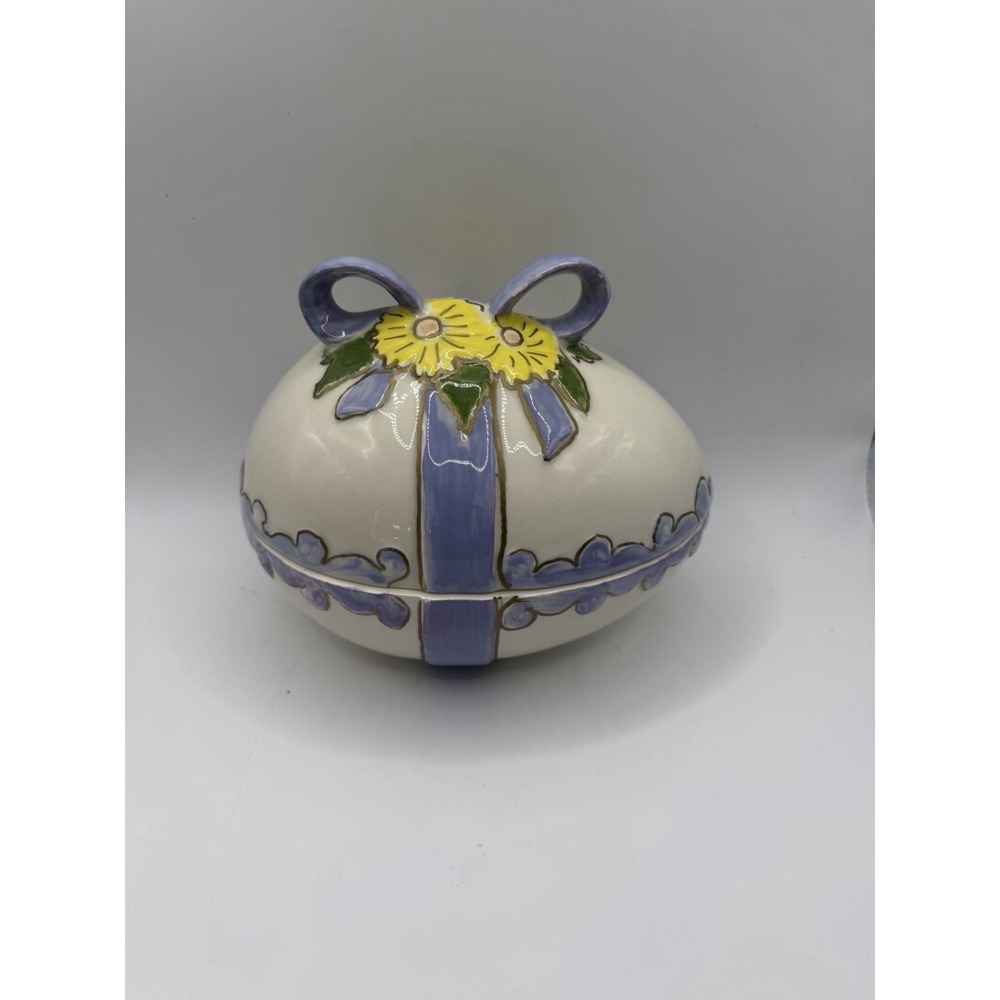 Ceramic Floral Trinket Box Purple Ribbon Yellow Flowers Lidded Jewelry Dish